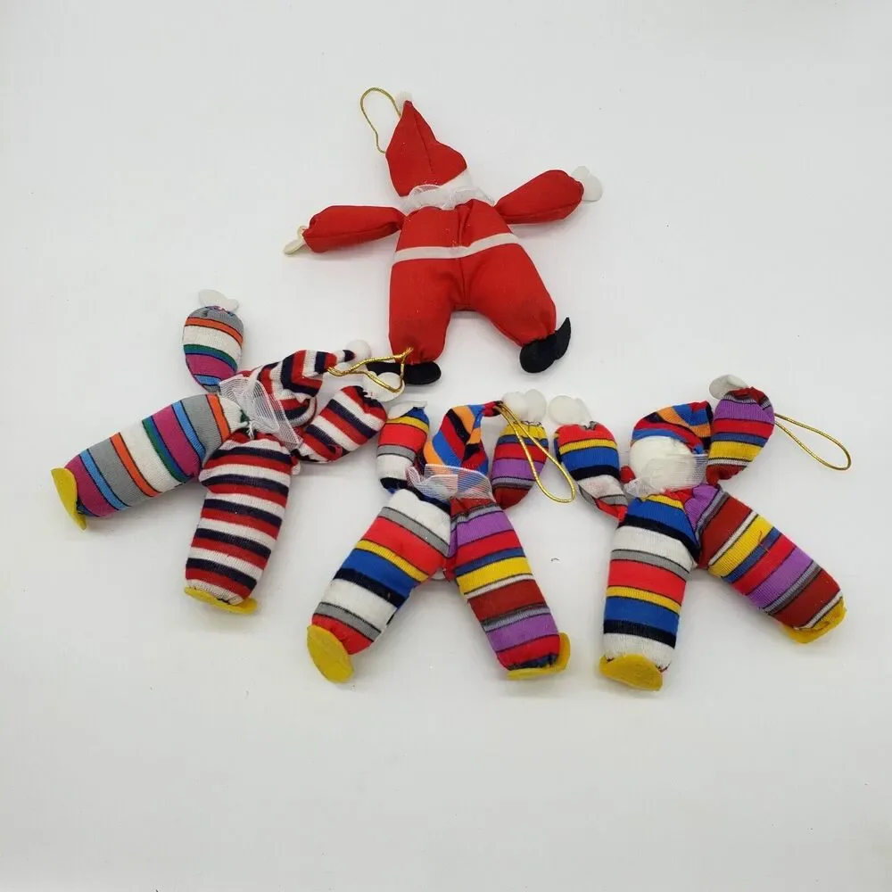 Vintage Cotton Stuffed Santa Christmas Ornament with 3 Elf Clown‎ Ornaments
